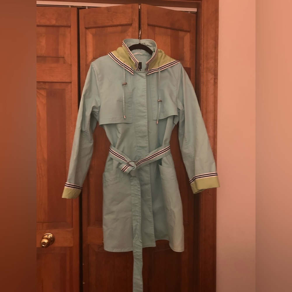 Dennis Basso Blue Green Sz L Retro/Vintage Inspired Cotton Blend Trench Jacket